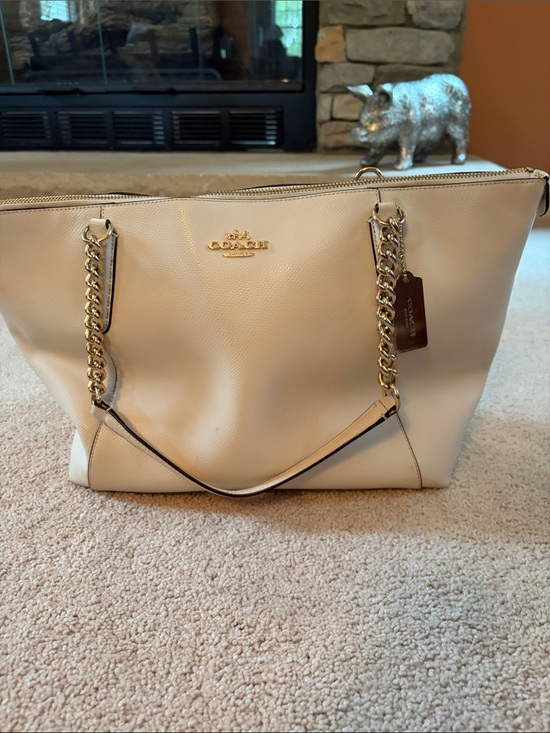 Coach Handbags - Coach Cream Leather Tote with Gold Chain Details